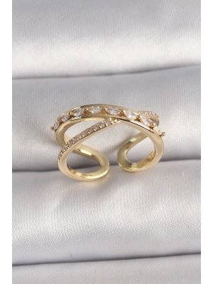 Pirinç Gold Renk Zirkon Taşlı Ayarlanabilir Kadın Yüzük