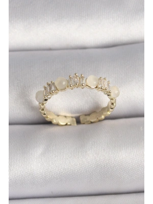 Pirinç Gold Renk Zirkon Taşlı Beyaz Mineli Ayarlanabilir Yüzük