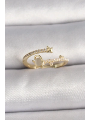 Pirinç Gold Renk Zirkon Taşlı Beyaz Mineli Yıldız Detaylı Ayarlanabilir Kadın Yüzük
