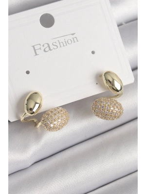 Pirinç Gold Renk Zirkon Taşlı Bombeli Model Kadın Küpe