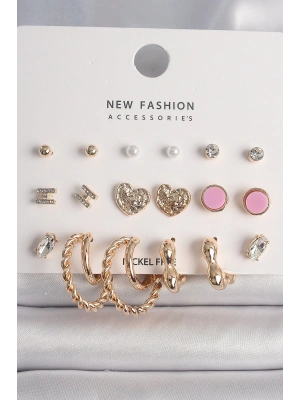 Pirinç Gold Renk Zirkon Taşlı Burug Halka Model İşlemeli Kalp Detay 9 Çift Kadın Küpe Seti