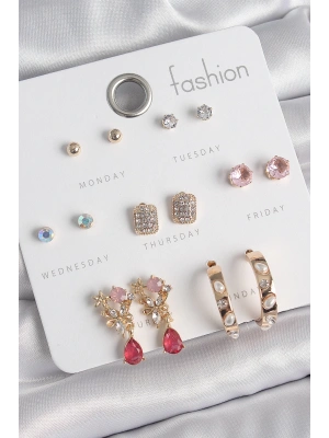 Pirinç Gold Renk Zirkon Taşlı Çiçek Figür İncili Halka Figür 7 Çift Kadın Küpe Seti