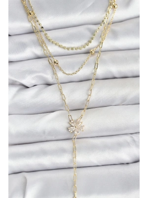 Pirinç Gold Renk Zirkon Taşlı Çiçek Model Detaylı 3lü Kombin Y Kadın Kolye