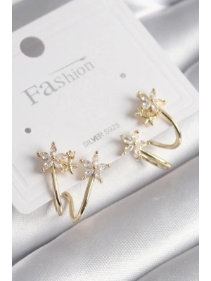 Pirinç Gold Renk Zirkon Taşlı Çiçek Model Kadın Küpe