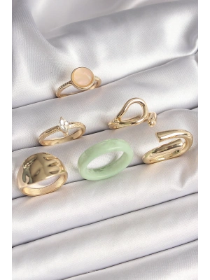 Pirinç Gold Renk Zirkon Taşlı Daire Pembe Mineli Detay 6Lı Kadın Yüzük Seti