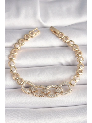 Pirinç Gold Renk Zirkon Taşlı Daire Zincir Model Kadın Bileklik