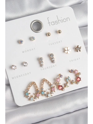 Pirinç Gold Renk Zirkon Taşlı Damla Model Yıldız Detaylı 7 Çift Kadın Küpe Seti