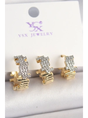 Pirinç Gold Renk Zirkon Taşlı Dorika Model 3Lü Kadın Kombin Küpe