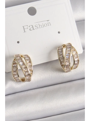 Pirinç Gold Renk Zirkon Taşlı Düğüm Halka Model Kadın Küpe