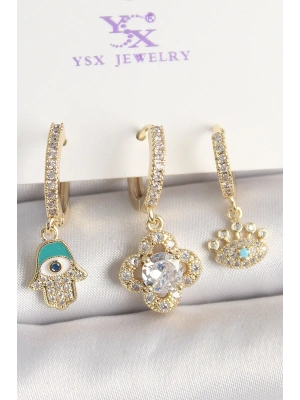 Pirinç Gold Renk Zirkon Taşlı Fatma Ana El Yonca Figür Göz Detay 3Lü Kadın Kombin Küpe