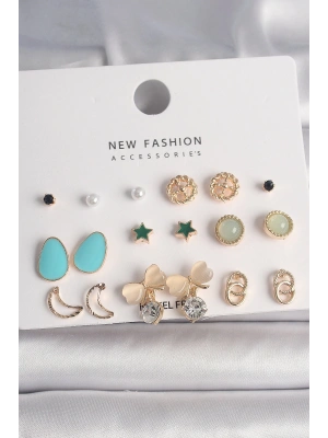 Pirinç Gold Renk Zirkon Taşlı Fiyonk Hilal Figür 9 Çift Kadın Küpe Seti