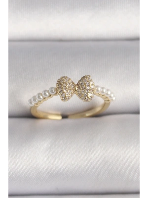Pirinç Gold Renk Zirkon Taşlı Fiyonk İnci Detay Ayarlanabilir Yüzük