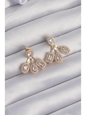 Pirinç Gold Renk Zirkon Taşlı Geometrik Model Küpe