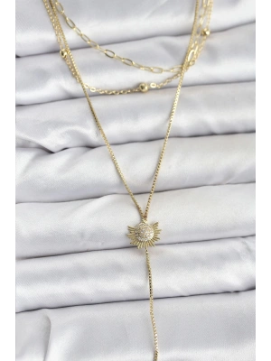 Pirinç Gold Renk Zirkon Taşlı Güneş Model Detaylı 3lü Kombin Y Kadın Kolye