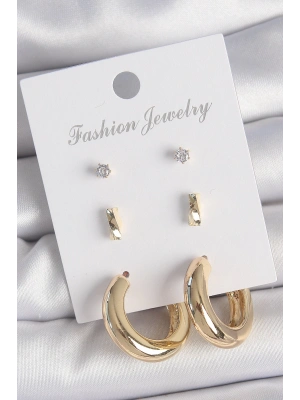 Pirinç Gold Renk Zirkon Taşlı Halka Model 3 Çift Kadın Küpe Seti