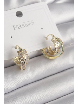 Pirinç Gold Renk Zirkon Taşlı Halka Model Kadın Küpe