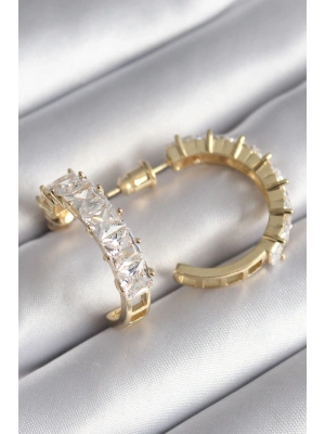 Pirinç Gold Renk Zirkon Taşlı Halka Model Kadın Küpe