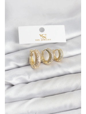 Pirinç Gold Renk Zirkon Taşlı Halka Model YSX Trio Küpe Seti