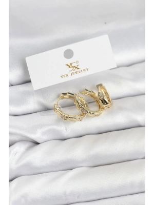Pirinç Gold Renk Zirkon Taşlı Halka Yılan Model YSX Trio Küpe Seti
