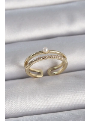 Pirinç Gold Renk Zirkon Taşlı İnci Detay Ayarlanabilir Model Kadın Yüzük