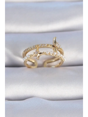 Pirinç Gold Renk Zirkon Taşlı İnci Detay Kutup Yıldızı Model Kadın Yüzük