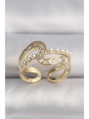 Pirinç Gold Renk Zirkon Taşlı İnci Detay VIP Seri Kadın Yüzük