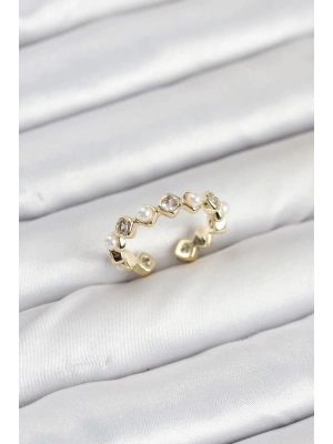 Pirinç Gold Renk Zirkon Taşlı İncili Kadın Yüzük