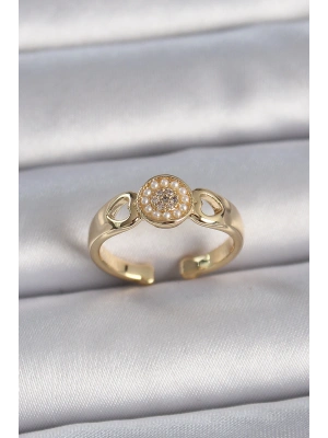 Pirinç Gold Renk Zirkon Taşlı İncili Kalp İşleme Detay Ayarlanabilir Kadın Yüzük