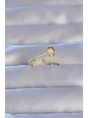 Pirinç Gold Renk Zirkon Taşlı İncili Satürn Model Ayarlanabilir Yüzük