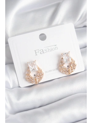 Pirinç Gold Renk Zirkon Taşlı Kadın Küpe