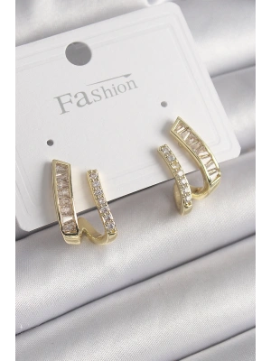 Pirinç Gold Renk Zirkon Taşlı Kadın Küpe
