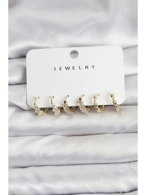 Pirinç Gold Renk Zirkon Taşlı Kadın Küpe Seti