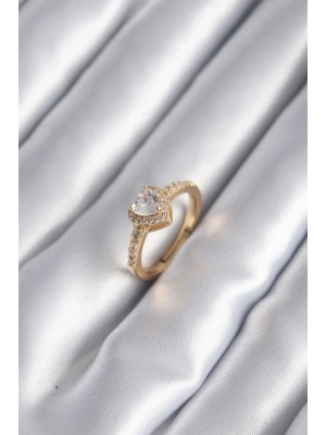 Pirinç Gold Renk Zirkon Taşlı Kalp Charm Model Kadın Yüzük