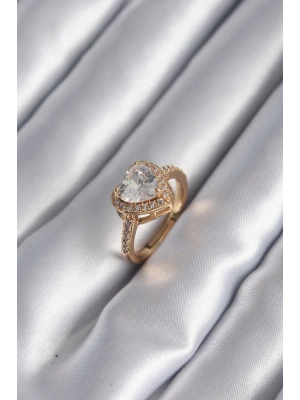 Pirinç Gold Renk Zirkon Taşlı Kalp Charm Model Kadın Yüzük