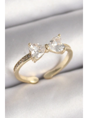 Pirinç Gold Renk Zirkon Taşlı Kalp Fiyonk Model Kadın Yüzük