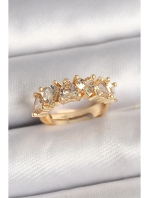 Pirinç Gold Renk Zirkon Taşlı Kalp Model Ayarlanbilir Kadın Yüzük