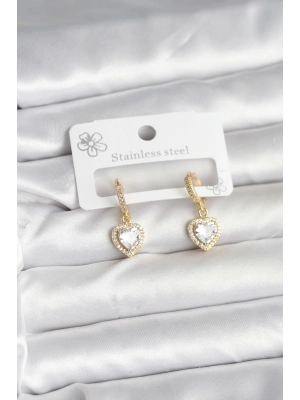 Pirinç Gold Renk Zirkon Taşlı Kalp Model Kadın Küpe