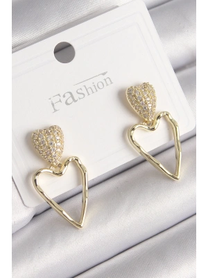 Pirinç Gold Renk Zirkon Taşlı Kalp Model Kadın Küpe