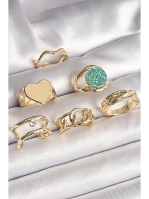 Pirinç Gold Renk Zirkon Taşlı Kalp Plaka Figür Mavi Simli Detay 6Lı Kadın Yüzük Seti