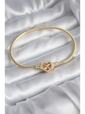 Pirinç Gold Renk Zirkon Taşlı Kalp Sonsuzluk Model Charm Kadın Bileklik