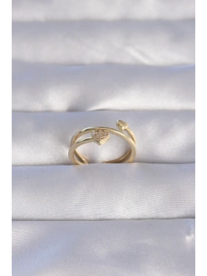 Pirinç Gold Renk Zirkon Taşlı Kalpli Model Ayarlanabilir Yüzük