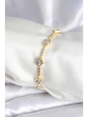 Pirinç Gold Renk Zirkon Taşlı Kalpli Model Kadın Bileklik