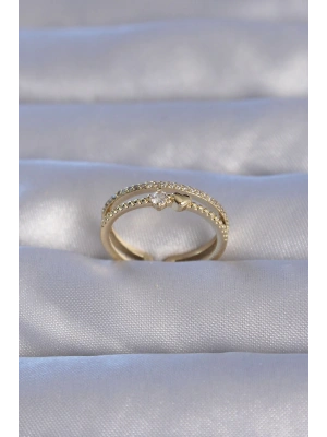 Pirinç Gold Renk Zirkon Taşlı Kalpli Su Yolu Model Ayarlanabilir Yüzük