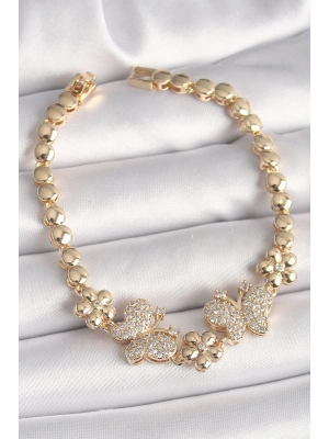 Pirinç Gold Renk Zirkon Taşlı Kelebek Figür Çiçek Zincir Model Kadın Bileklik