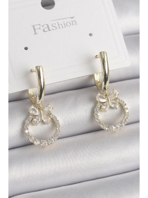 Pirinç Gold Renk Zirkon Taşlı Kelebek Figür Sallantı Model Kadın Küpe