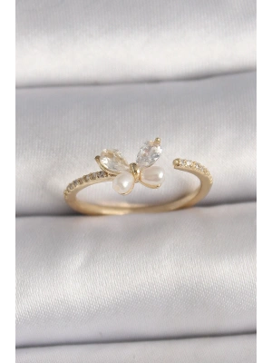 Pirinç Gold Renk Zirkon Taşlı Kelebek Mode İnci Detay Ayarlanabilir Yüzük