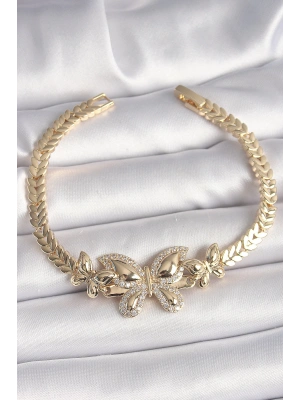 Pirinç Gold Renk Zirkon Taşlı Kelebek Model Kadın Bileklik