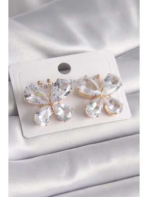 Pirinç Gold Renk Zirkon Taşlı Kelebek Model Kadın Küpe