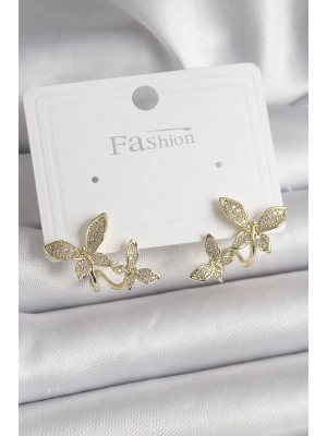 Pirinç Gold Renk Zirkon Taşlı Kelebek Model Kadın Küpe