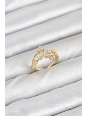Pirinç Gold Renk Zirkon Taşlı Kelebek Model Kadın Yüzük